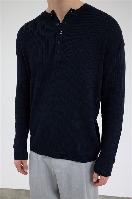 Erkek Fitilli Düğmeli Lacivert İnce Kazak
