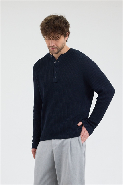 Erkek Fitilli Düğmeli Lacivert İnce Kazak
