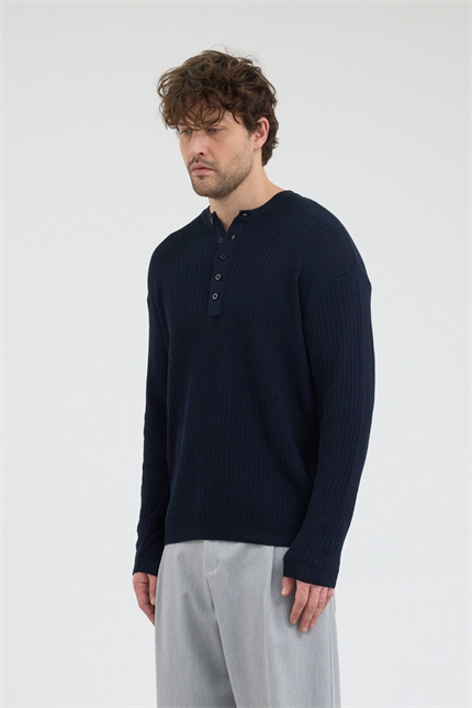 Erkek Fitilli Düğmeli Lacivert İnce Kazak