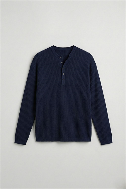 Erkek Fitilli Düğmeli Lacivert İnce Kazak