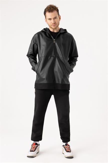 Erkek Siyah Deri Hoodie Yağmurluk