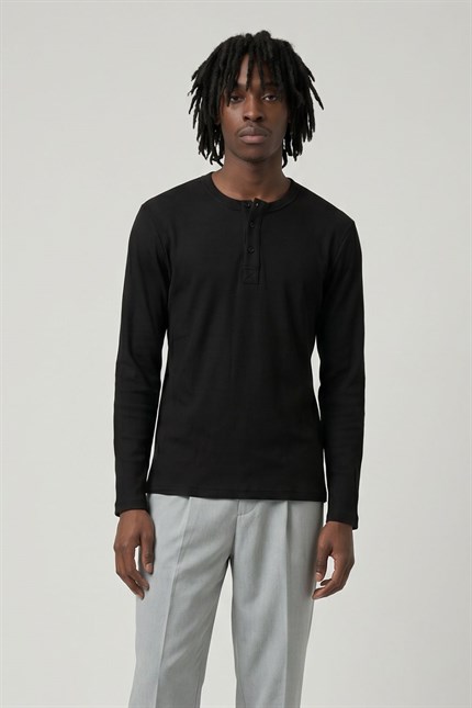 Erkek Siyah Henley  T-Shirt