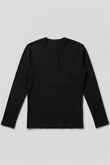 Erkek Siyah Henley  T-Shirt