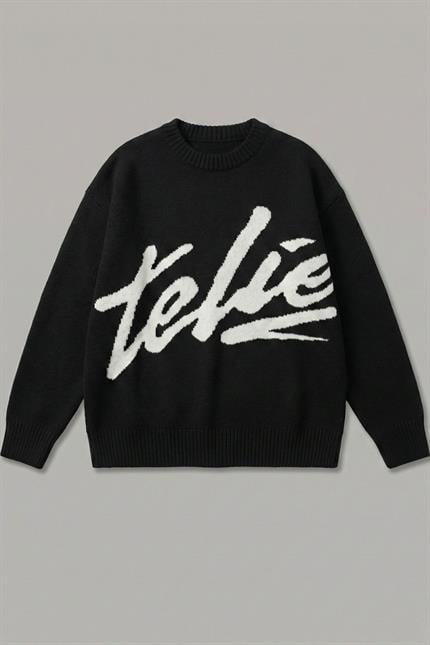 Erkek Siyah İşlemeli Oversize Kazak