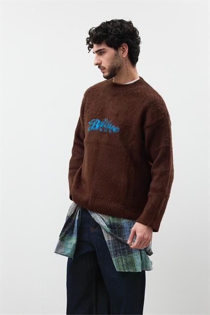 Erkek Jakarlı Kahverengi Sakallı Oversize Kazak