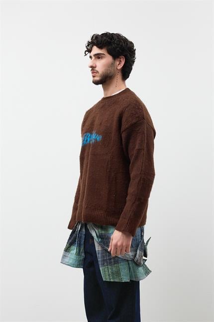 Erkek Jakarlı Kahverengi Sakallı Oversize Kazak