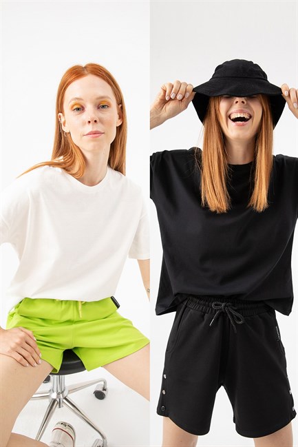 Kadın 2li Paket Bisiklet Yaka Siyah Beyaz T-Shirt