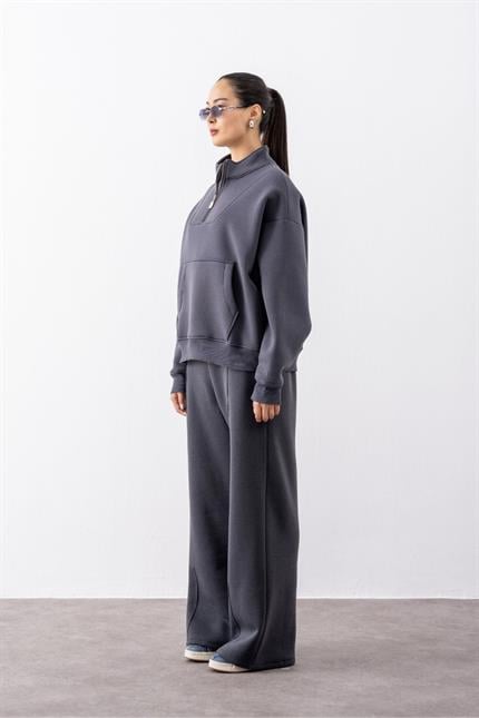 Kadın Antrasit Fermuarlı Oversize Sweatshirt