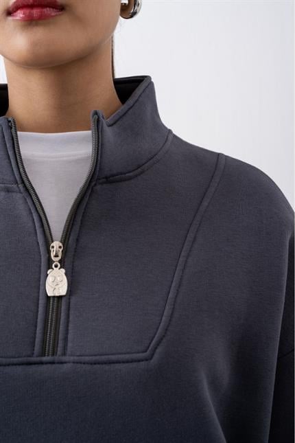 Kadın Antrasit Fermuarlı Oversize Sweatshirt