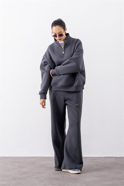 Kadın Antrasit Fermuarlı Oversize Sweatshirt