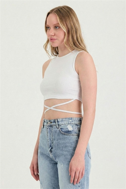 Kadın Belden Bağlamalı Beyaz Crop 