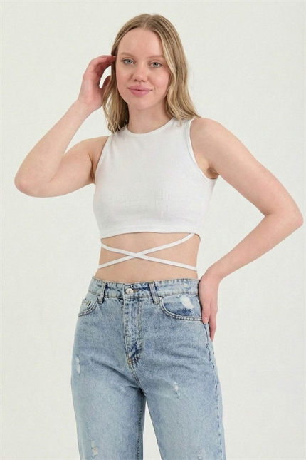 Kadın Belden Bağlamalı Beyaz Crop 