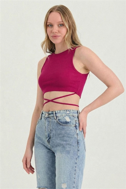 Kadın Belden Bağlamalı Fuşya Crop 