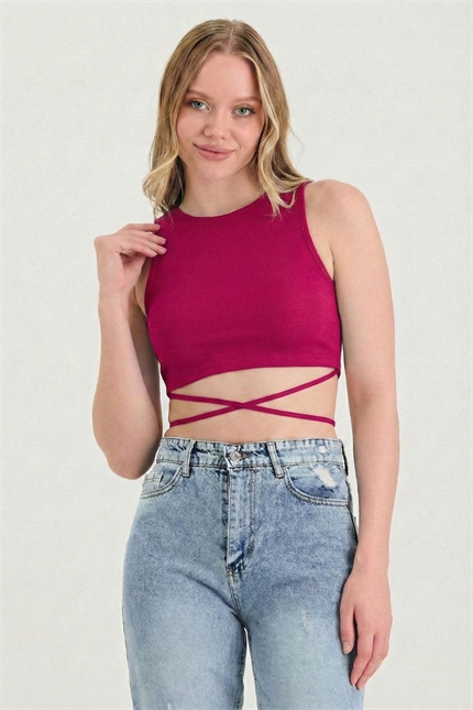 Kadın Belden Bağlamalı Fuşya Crop 