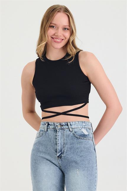 Kadın Belden Bağlamalı Siyah Crop 