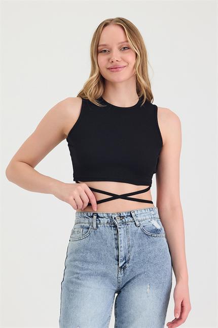 Kadın Belden Bağlamalı Siyah Crop 