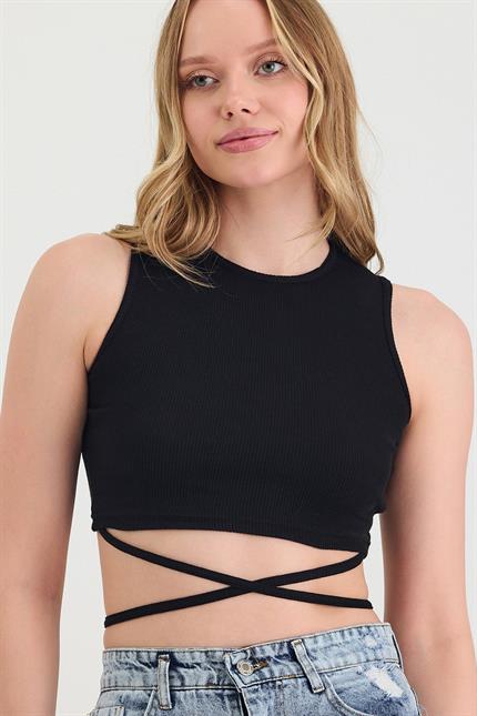 Kadın Belden Bağlamalı Siyah Crop 