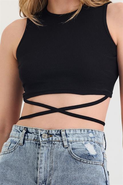 Kadın Belden Bağlamalı Siyah Crop 