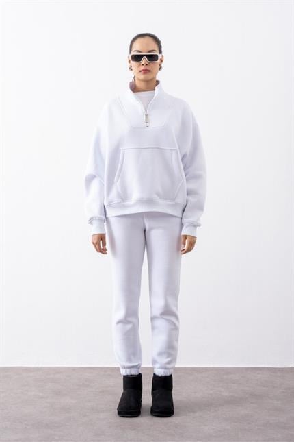 Kadın Beyaz Fermuarlı Oversize Sweatshirt