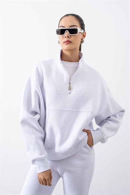 Kadın Beyaz Fermuarlı Oversize Sweatshirt