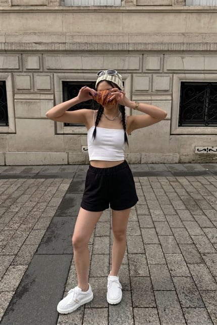 Kadın Beyaz Fitilli İp Askılı Crop Top