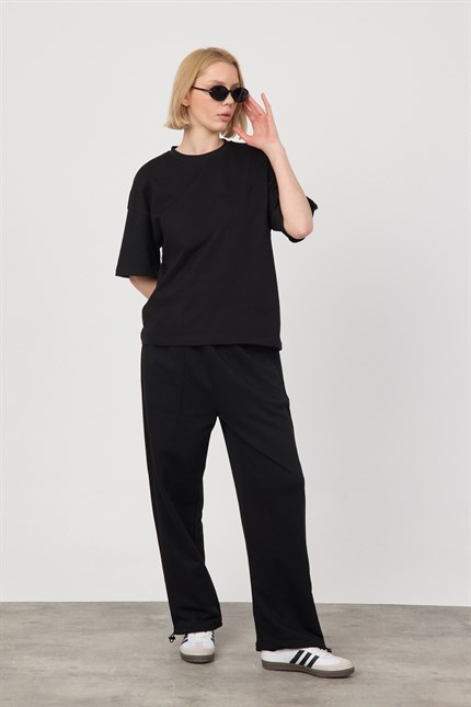 Kadın Blank Siyah Ayarlanabilir Paça Eşofman Alt