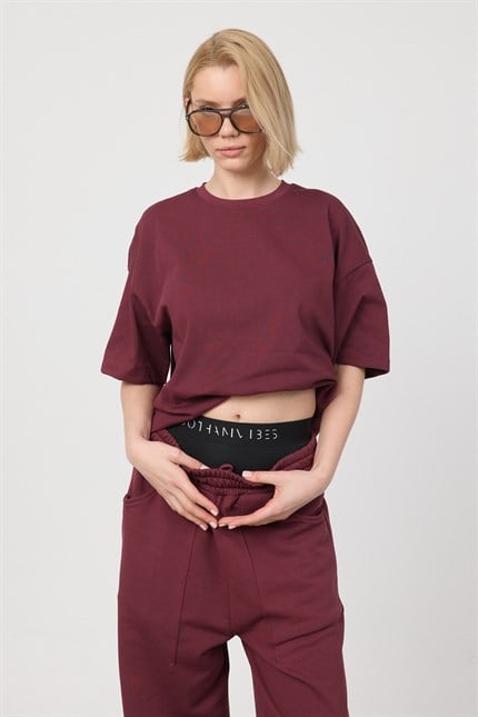Kadın Chill Boxy Premium Bordo T-Shirt