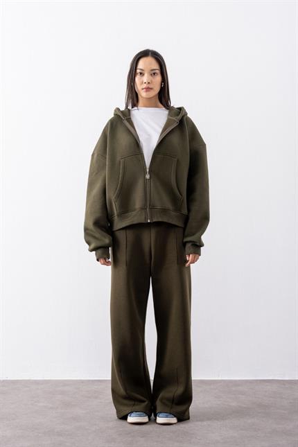 Kadın Chill Oversize Haki Fermuarlı Sweatshirt