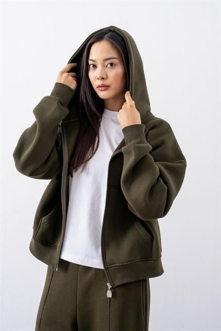 Kadın Chill Oversize Haki Fermuarlı Sweatshirt