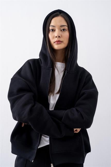 Kadın Chill Oversize Siyah Fermuarlı Sweatshirt