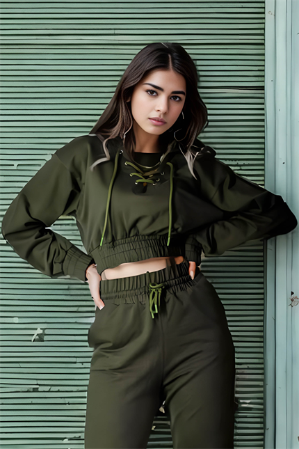 Kadın Equality Haki İpli Crop Sweatshirt