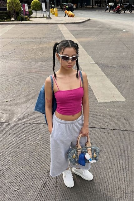 Kadın Fuşya Fitilli İp Askılı Crop Top