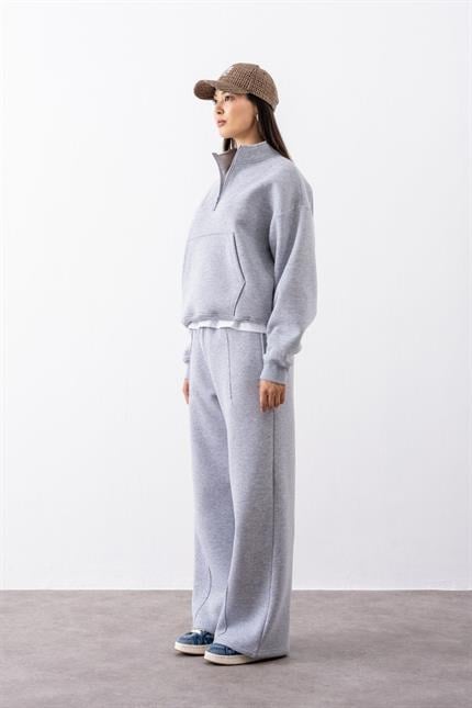 Kadın Gri Fermuarlı Oversize Sweatshirt