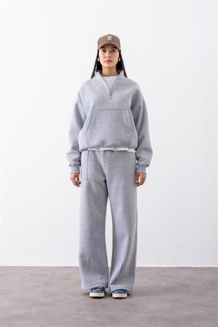 Kadın Gri Fermuarlı Oversize Sweatshirt