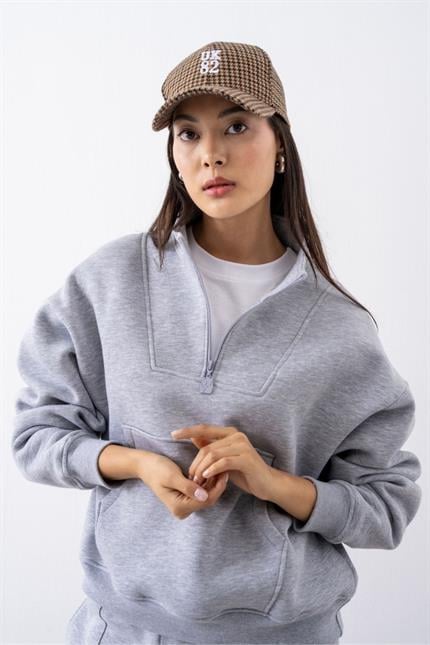 Kadın Gri Fermuarlı Oversize Sweatshirt