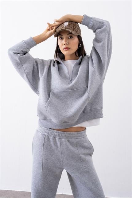 Kadın Gri Fermuarlı Oversize Sweatshirt