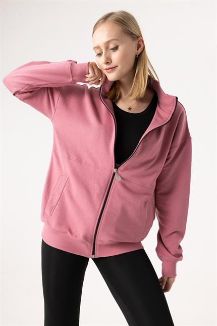 Kadın Gül Kurusu Dik Yaka Fermuarlı Oversize Sweatshirt