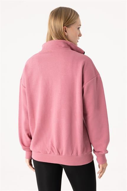 Kadın Gül Kurusu Dik Yaka Fermuarlı Oversize Sweatshirt