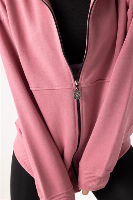 Kadın Gül Kurusu Dik Yaka Fermuarlı Oversize Sweatshirt