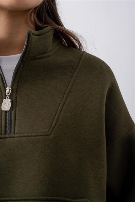 Kadın Haki Fermuarlı Oversize Sweatshirt