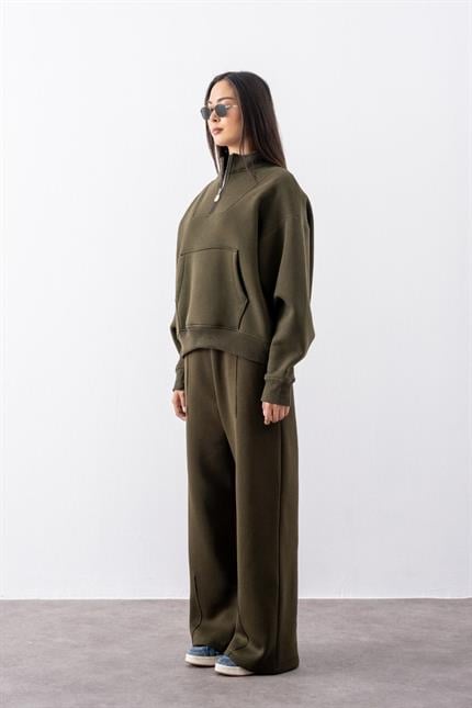Kadın Haki Fermuarlı Oversize Sweatshirt