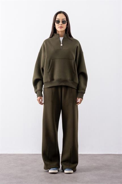 Kadın Haki Fermuarlı Oversize Sweatshirt