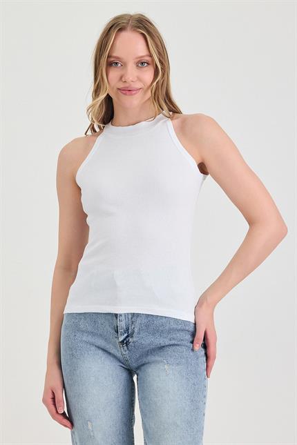 Kadın Halter Yaka Beyaz Fitilli Atlet