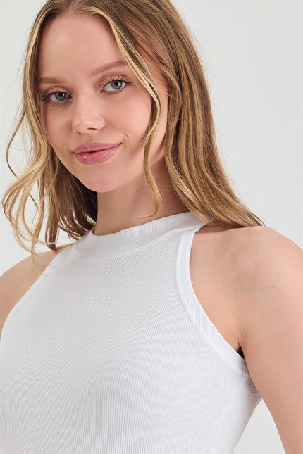 Kadın Halter Yaka Beyaz Fitilli Atlet
