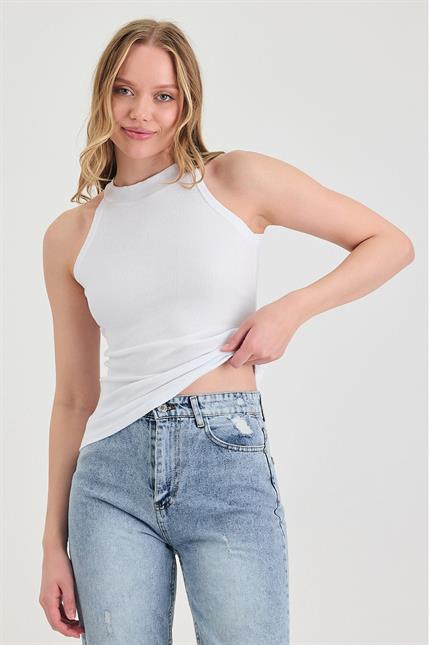 Kadın Halter Yaka Beyaz Fitilli Atlet