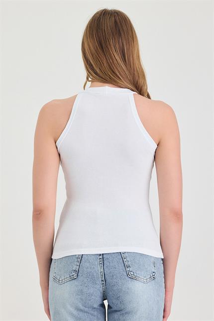 Kadın Halter Yaka Beyaz Fitilli Atlet