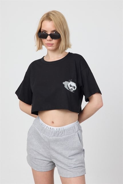 Kadın Kısa Shadow Panda Siyah T-Shirt