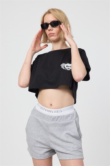 Kadın Kısa Shadow Panda Siyah T-Shirt