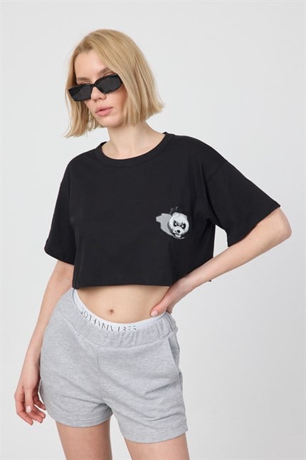 Kadın Kısa Shadow Panda Siyah T-Shirt