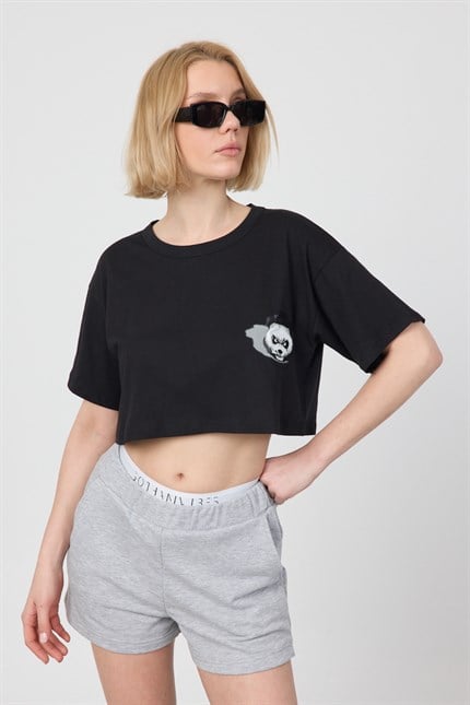 Kadın Kısa Shadow Panda Siyah T-Shirt